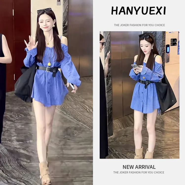 【现货】2025年新款夏季绝美小裙子韩版长袖露肩吊带格子衬衫连衣裙