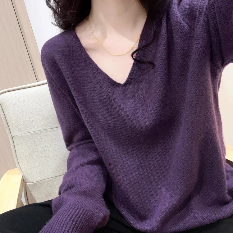 紫色V领套头毛衣女秋冬新款简约基础厚实外穿宽松显瘦针织衫上衣