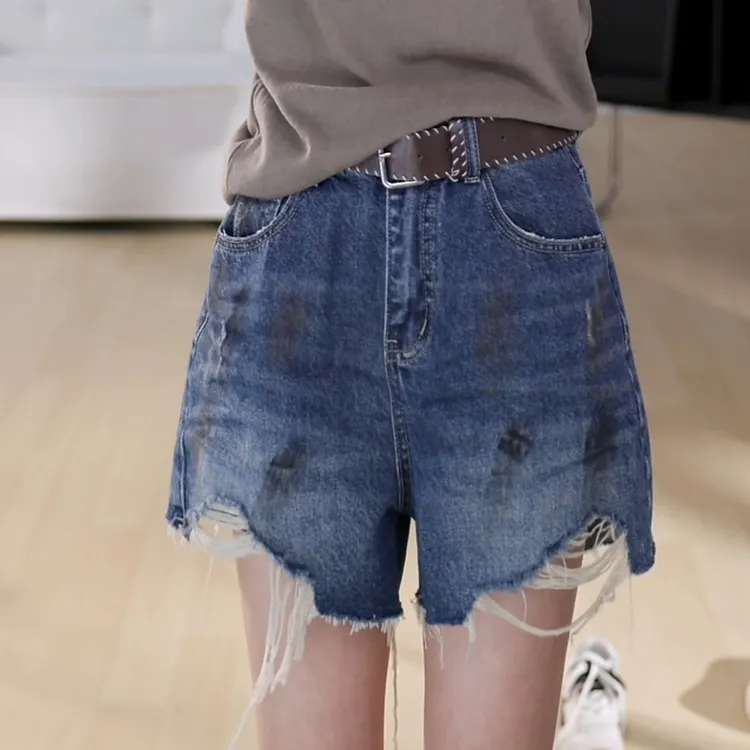2025韩版阔腿高腰夏季破洞极简风中高腰牛仔裤短裤LK2504348