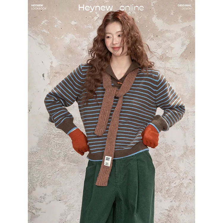 【HEYNEW黑妞】可露丽风蓝棕配色显白慵懒松弛感海军领毛衣5Q892