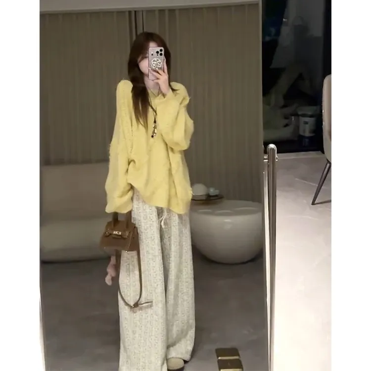 韩里韩气穿搭一整套慵懒风长袖软糯针织毛衣女秋季阔腿休闲裤套装