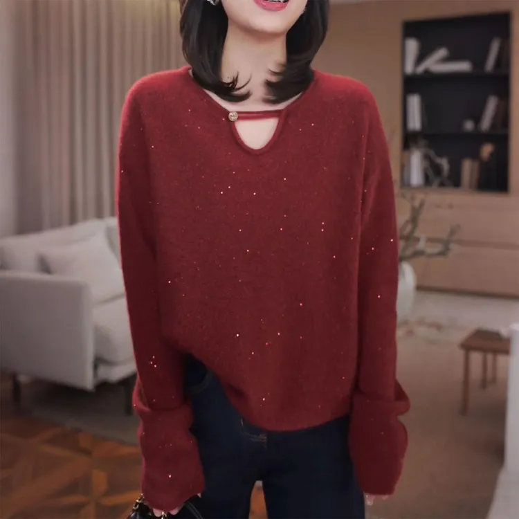 今年流行超好看内搭针织衫女秋冬季新款高级漂亮红色烫钻镂空上衣