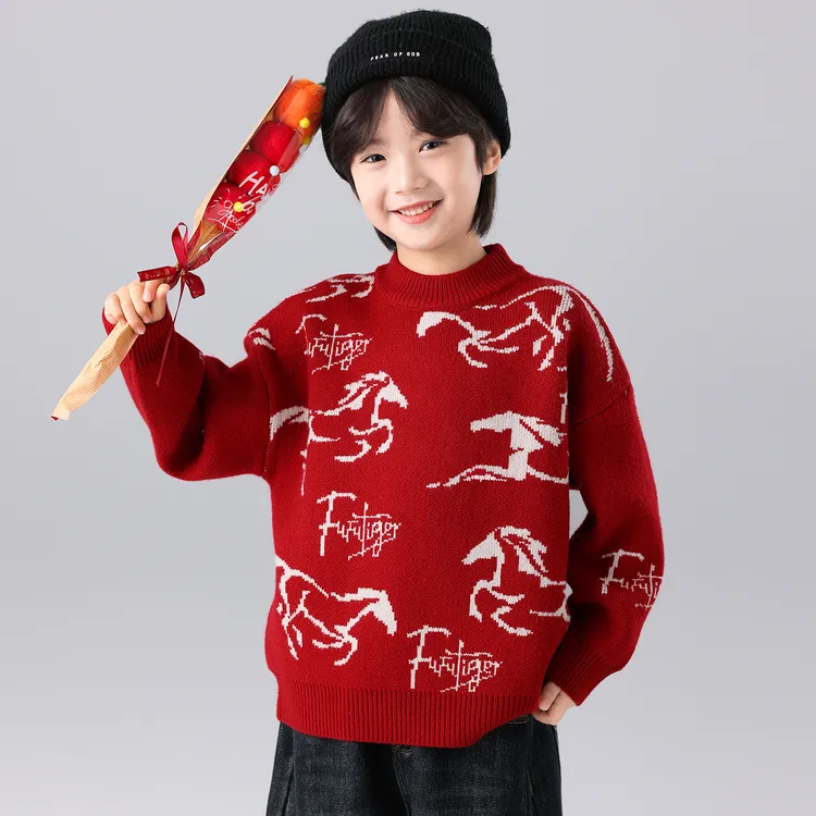 男童红色毛衣秋冬款2026新款儿童中大童男孩本命年马年休闲拜年服