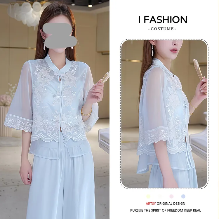 新中式时尚套装女2025年夏季新款设计感国风刺绣短袖阔腿裤两件套