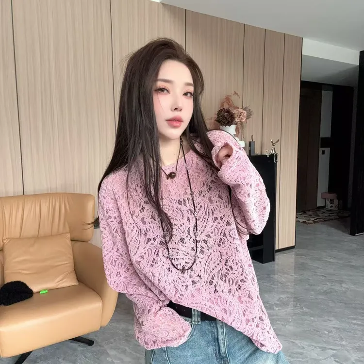 【丽丽推荐】设计师植绒拉毛重磅蕾丝开叉T恤