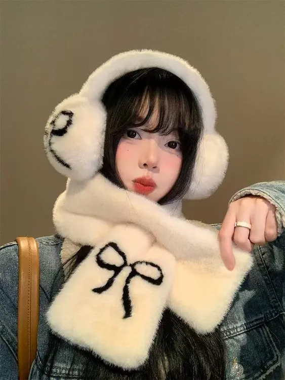 可爱蝴蝶结毛绒围巾女冬季韩版保暖围脖加绒加厚防寒耳罩耳捂子