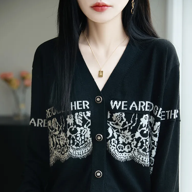 哥弟阿玛施正品V领开衫精仿印花针织衫上衣宽松百搭长袖女装薄款