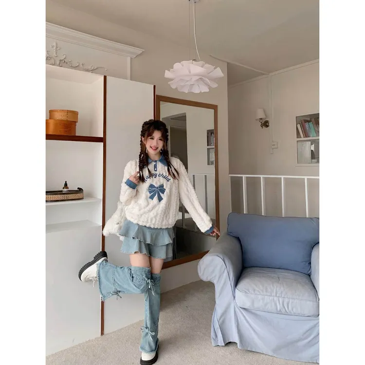 奶酷少女 织物猪原创 软fufu印花减龄假两件卫衣上衣水洗牛仔半裙