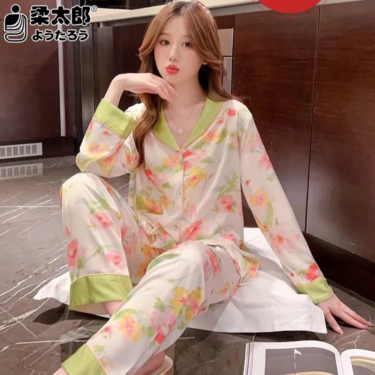 日本柔太郎新款风冰丝睡衣女春秋时尚长袖长裤开衫网红套装甜美家