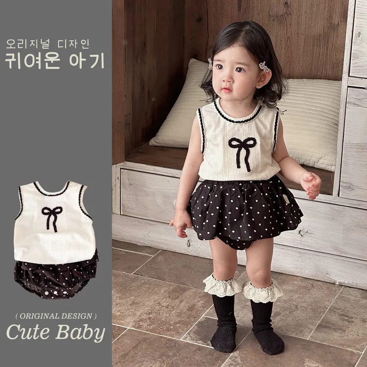 婴幼儿夏款新品衣服宝宝甜美蝴蝶结无袖上衣波点包屁短裤两件套装