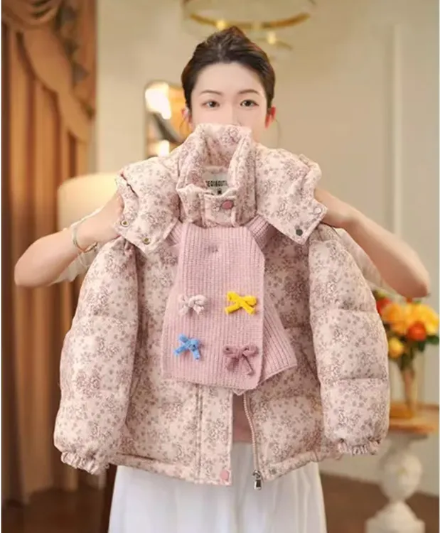 女童加厚碎花棉服冬装2025新款女孩连帽短款面包服中大童洋气棉袄