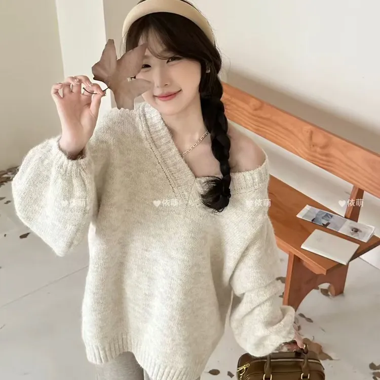 韩系秋冬套头毛衣女宽松长袖中长款慵懒针织上衣女多巴胺V领显瘦