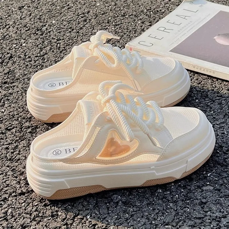 夏季网面透气一脚蹬小白鞋女2025新款懒人半拖板鞋小众休闲鞋子女