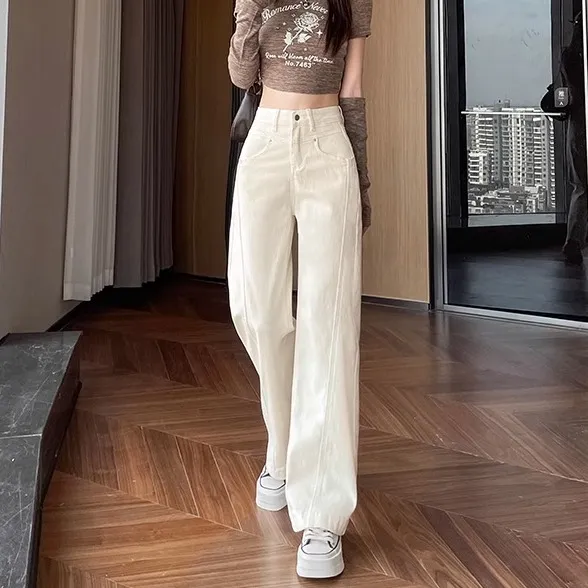 奶酷慵懒感白色直筒牛仔裤女2025春季新款显瘦高腰百搭窄版阔腿裤