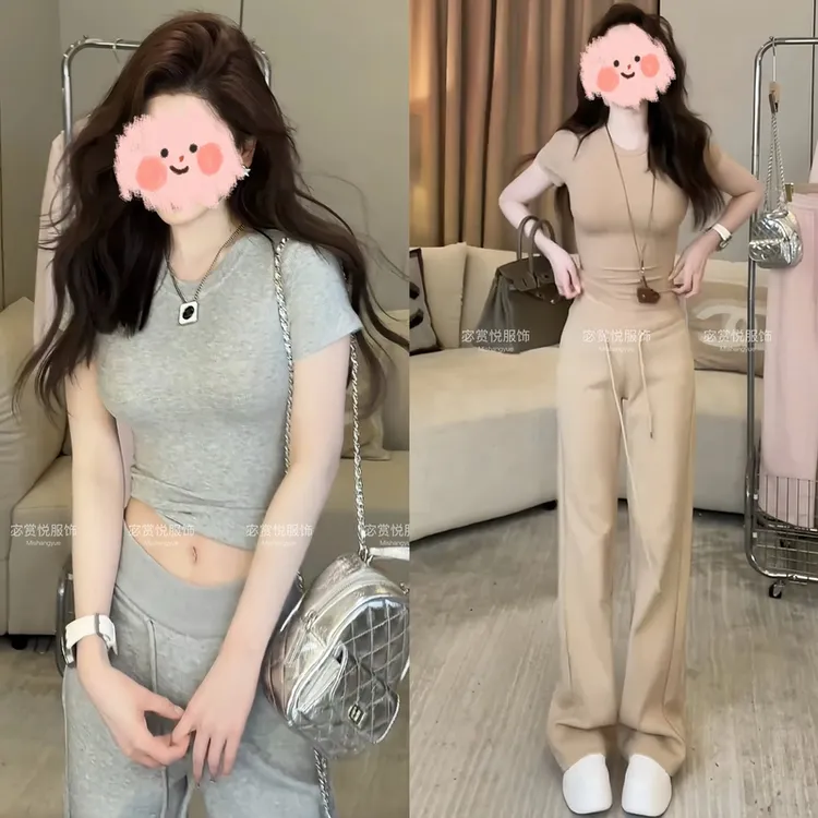 套装女2025新款爆款洋气修身显瘦短袖T恤+阔腿裤两件套韩版时尚潮