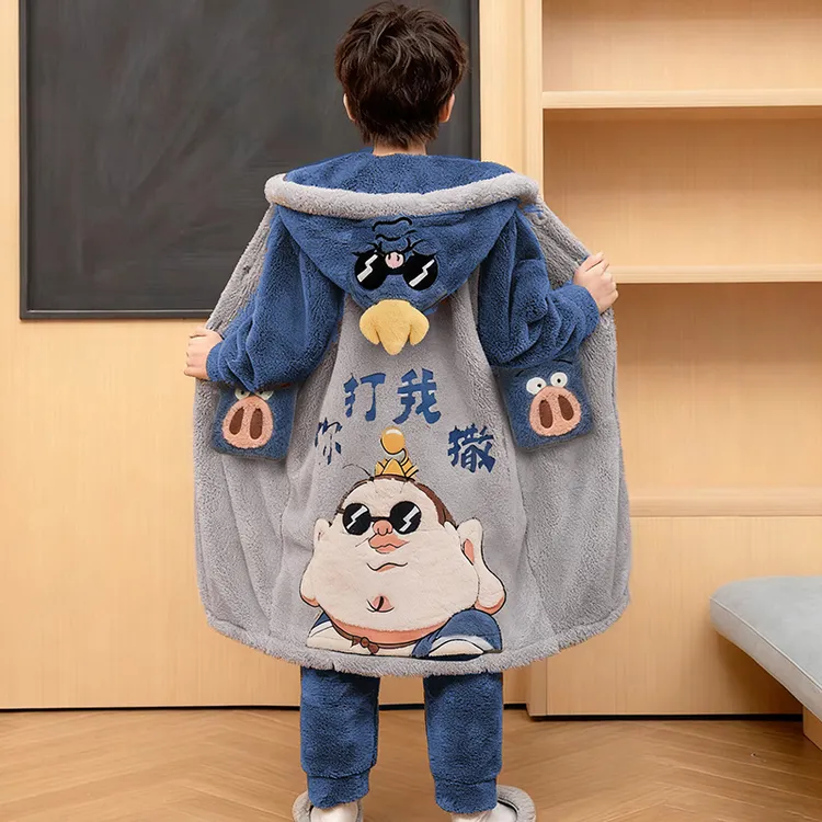 男童睡衣秋冬季珊瑚绒法兰加厚款儿童家居服男孩睡袍2025新款哪吒