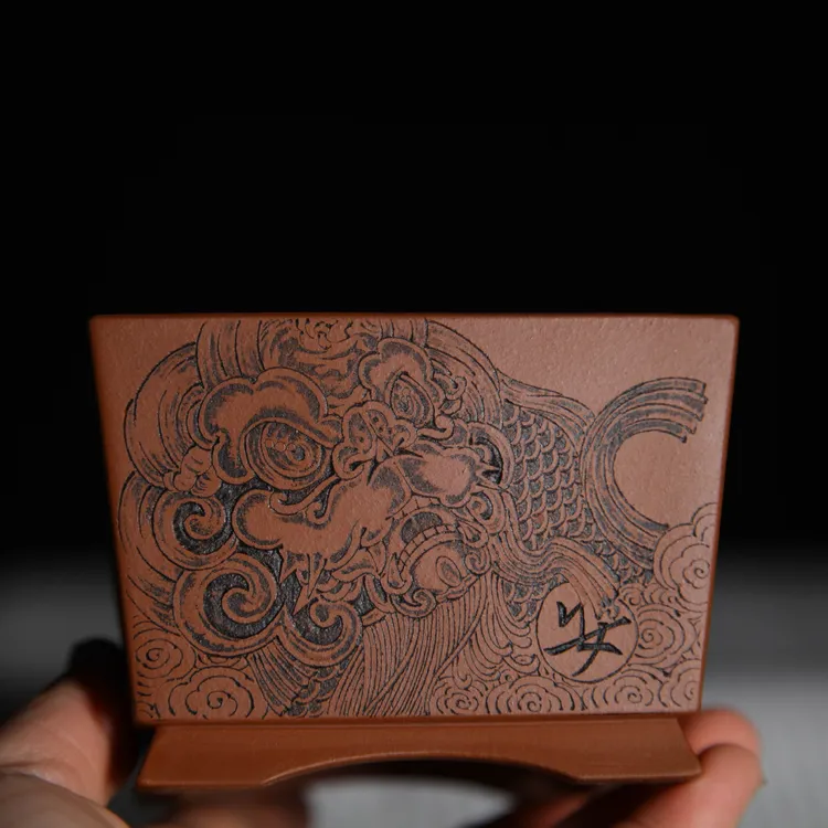 盆客陶瓷 精品紫砂盆 王立全手工原矿红皮龙敞口四方小盆手刻瑞狮