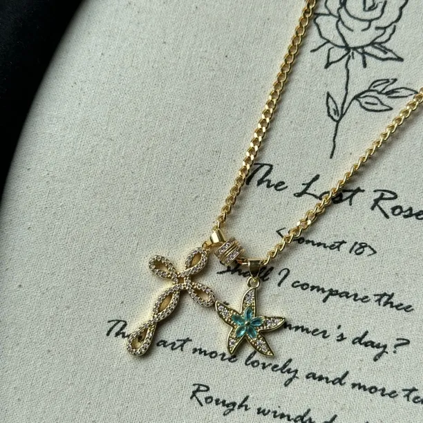 铜合金项链 GULUM  880长款项链十字架项链金色百搭毛衣链