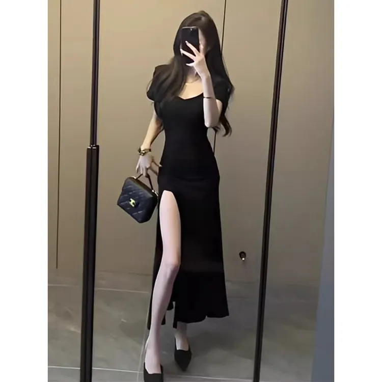 后妈裙潮流气质法式轻熟风短袖裙子2025女新款夏季收腰开叉连衣裙