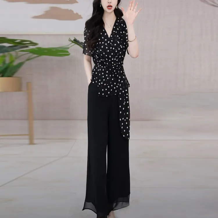 冰莱丝时尚女士套装2025夏季新款短袖气质优雅黑白波点设计两件套