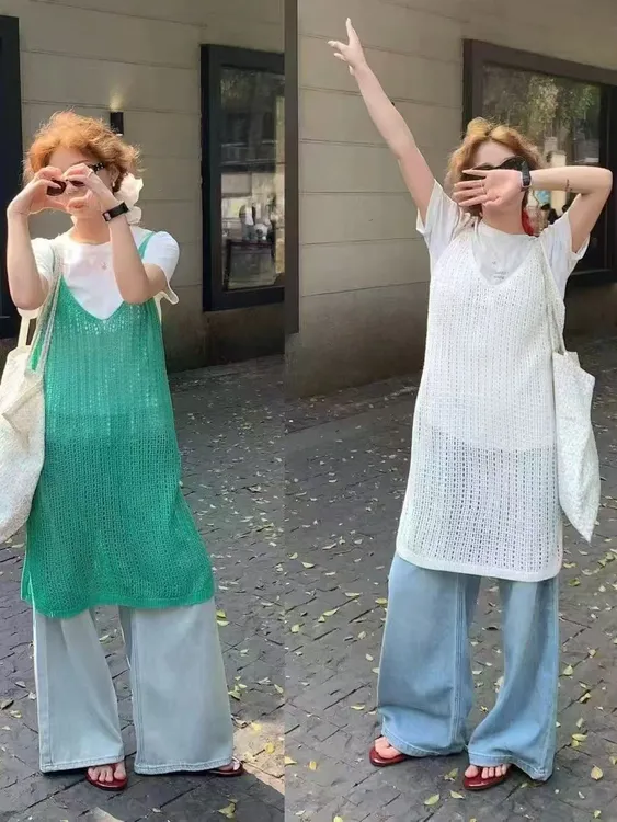 ～（姐姐家）镂空慵懒风休闲开叉时尚上衣