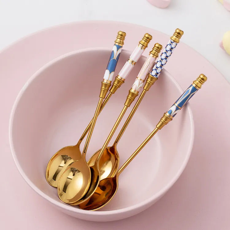 英式下午茶勺子咖啡匙小调羹长柄搅拌勺甜品勺牛奶勺精致创意金色
