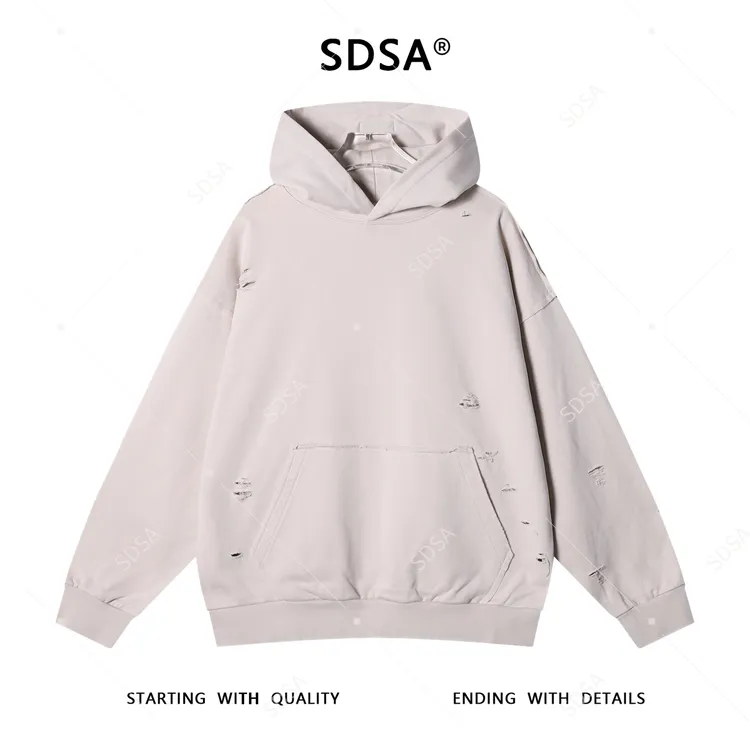 SDSA男士秋冬新款痞帅男装韩版纯色裁剪破洞连帽卫衣时尚情侣上衣