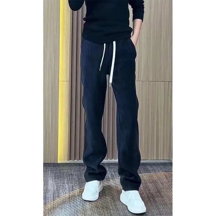 欧货条绒直筒休闲裤男春秋季新款纯色阔腿裤宽松潮流运动百搭卫裤