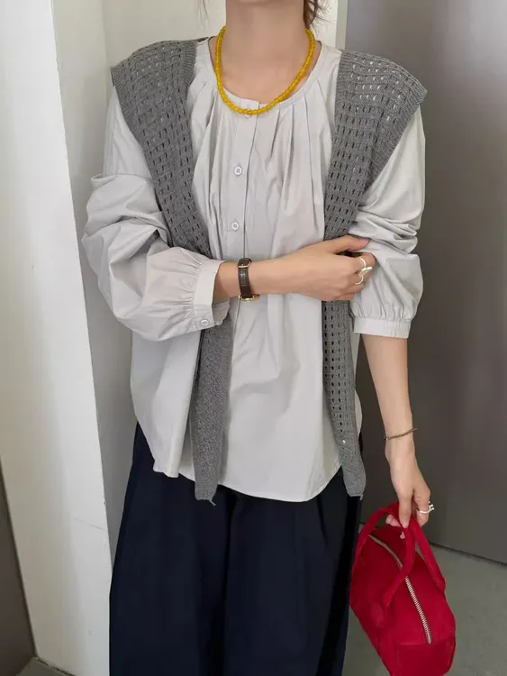 慵懒风文艺气质洋气时尚套装长袖衬衫针织披肩女秋季休闲裤两件套