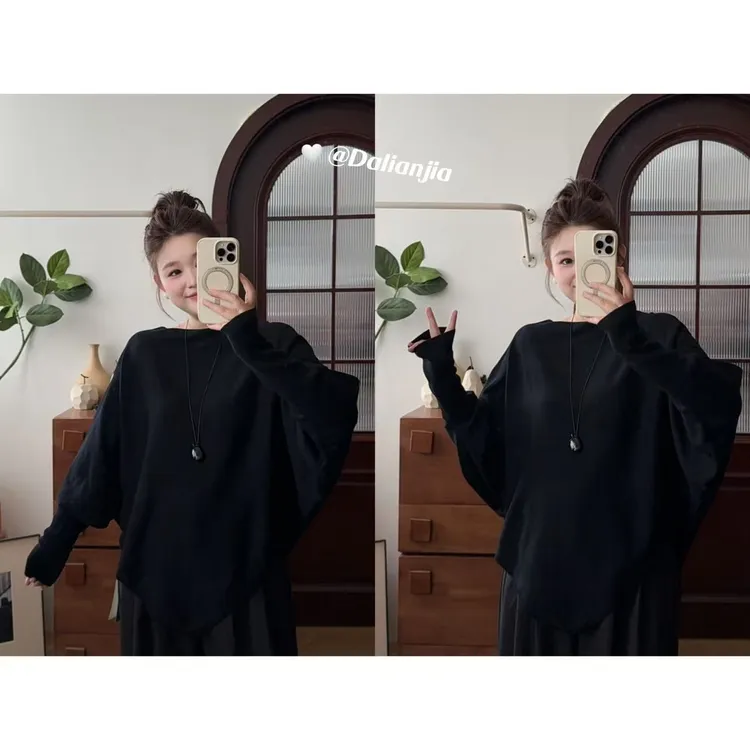 晶咕晶咕【柏林之恋】下摆不规则套头蝙蝠衫袖针织上衣显瘦时尚