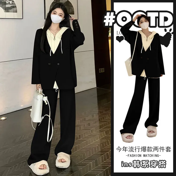 秋冬大码300斤胖mm连帽假两件上衣套装女慵懒风高腰休闲裤两件套2