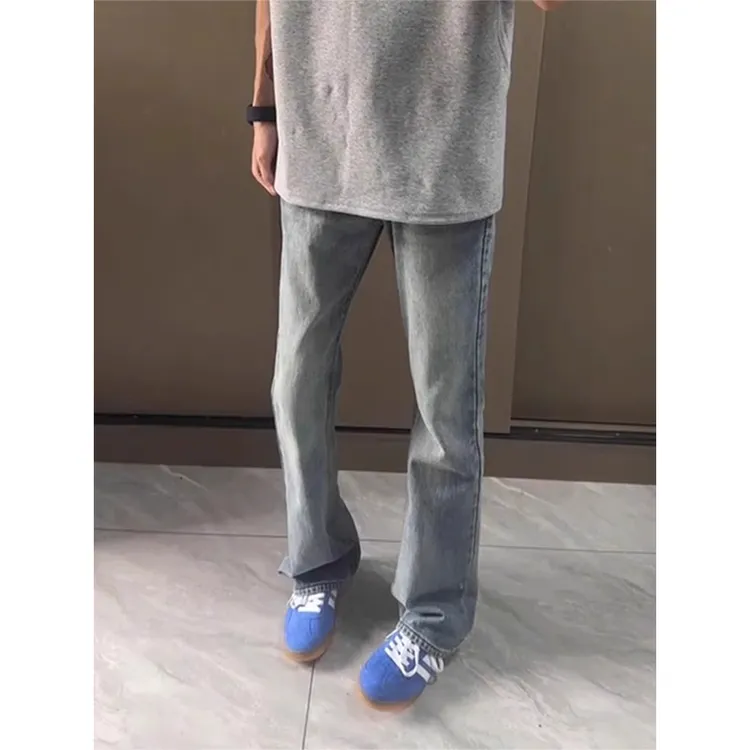 复古蓝做旧微喇牛仔裤男夏季薄款修身vibe裤子美式高街潮牌直筒裤