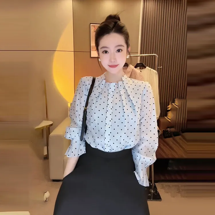 气质显瘦波点设计感衬衫女款夏季花边褶皱立领衬衣防晒衫长袖上衣