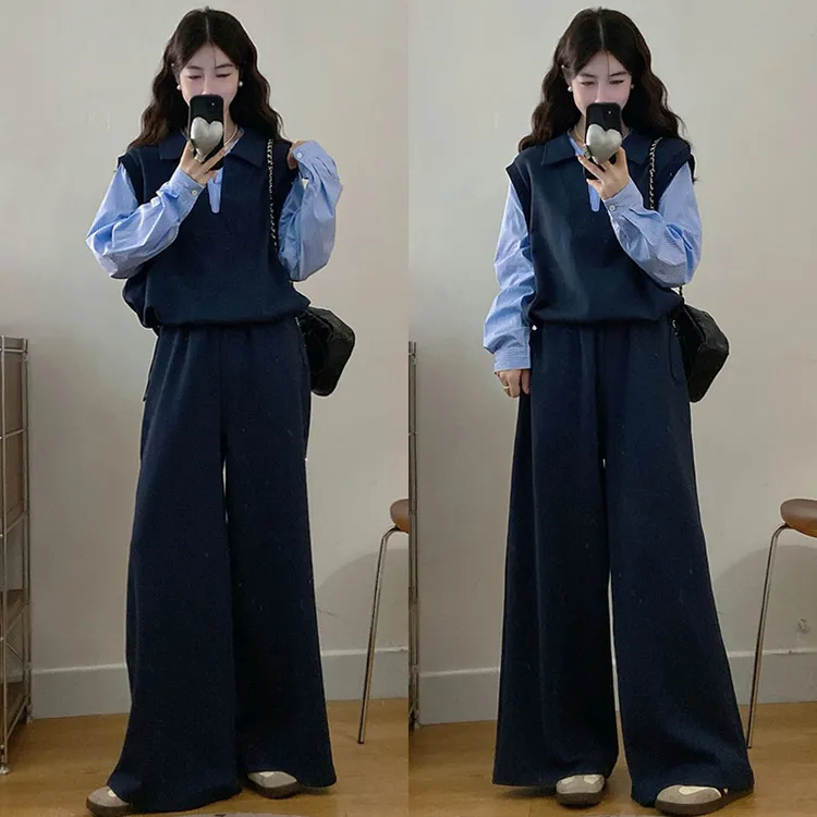 大码胖mm秋冬新款假两件卫衣阔腿裤套装爆款高级感两件套装女
