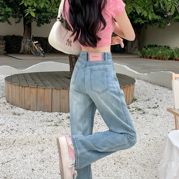 撞色皮标是设计牛仔长裤女高腰阔腿显瘦春秋上新2024包臀拖地长裤