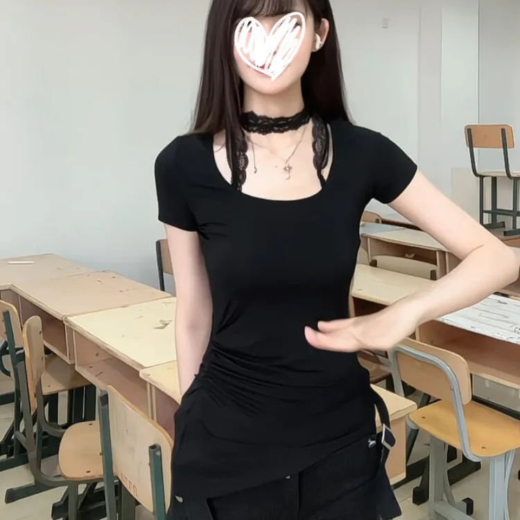 2025年夏季新款美式复古高级设计感收腰短袖T恤修身显瘦辣妹上衣
