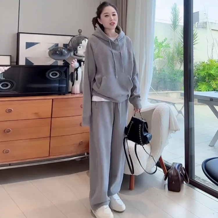 欧货休闲运动服套装女新款时尚洋气修身显瘦灰色加绒加厚两件套