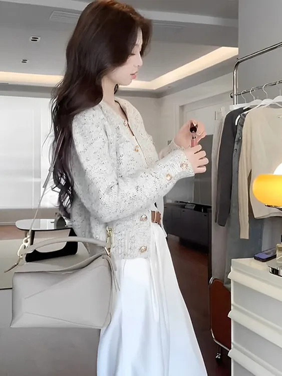 秋季女装2025新款韩系小香风针织开衫外套高级感穿搭灰色上衣裤子