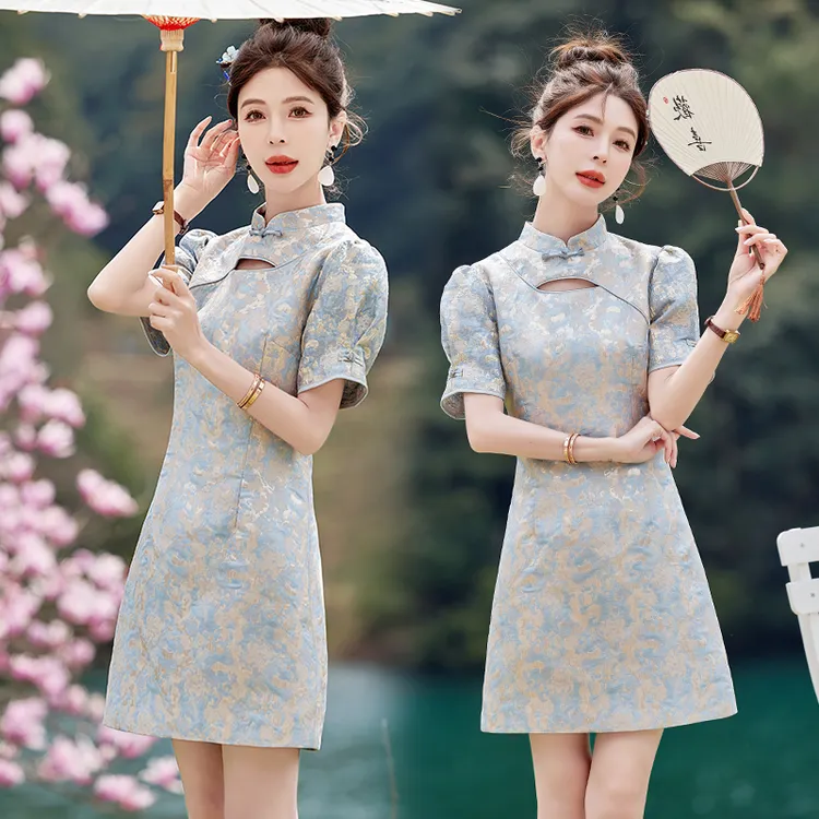 新中式改良旗袍裙女2024夏季新款小个子盘扣风日常短袖连衣裙