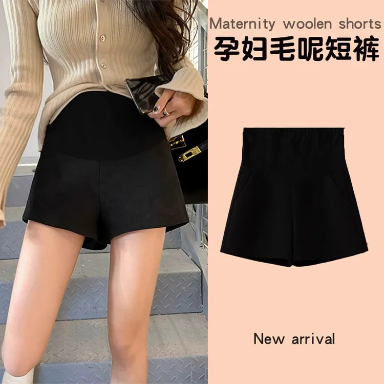孕妇呢子秋冬短裤黑色托腹毛呢宽松孕期显瘦外穿百搭显瘦阔腿裤子