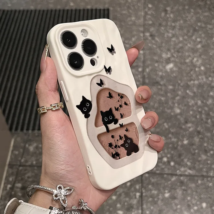 窗口黑色小猫适用iphone16/15promax手机壳苹果13/14全包12/8新款
