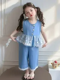 A-Y662女童夏季牛仔背心花边套装女宝宝韩版洋气无袖上衣两件套