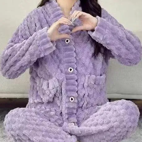 睡衣女秋冬珊瑚绒厚实保暖V领紫色高级2025新款简约两件套家居服