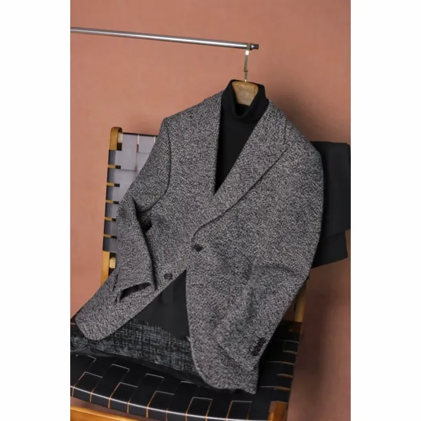 INCHOI秋冬男士灰色夹花厚款戗驳领修身款西服单西上衣时尚休闲