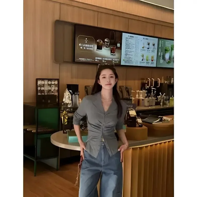GIRDEAR/哥弟130097百搭常规V领女性长袖早春法式v领衬衣