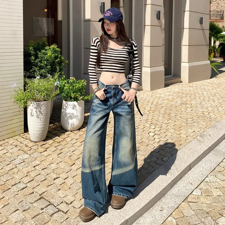 早秋新款&美式复古做旧洗水宽松直筒阔腿牛仔裤女
