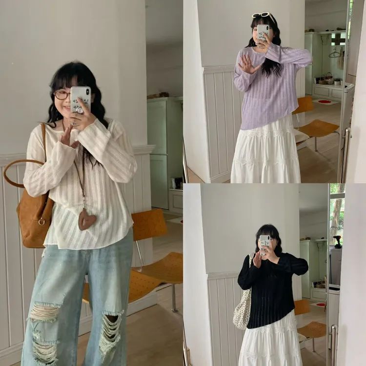 【乃粒】大码不规则设计感上衣2025秋胖mm宽松镂空长袖针织衫23087