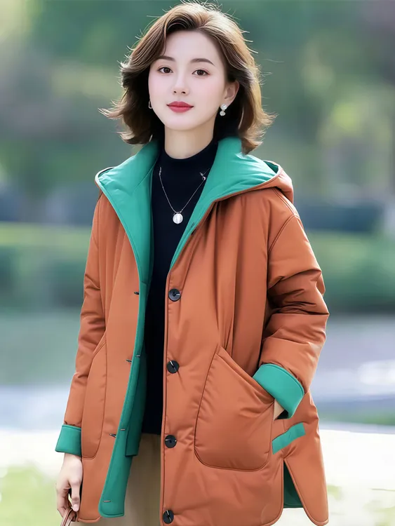 女装原创品牌旗舰显气色双面穿撞色连帽轻便保暖棉服冬季加厚外套