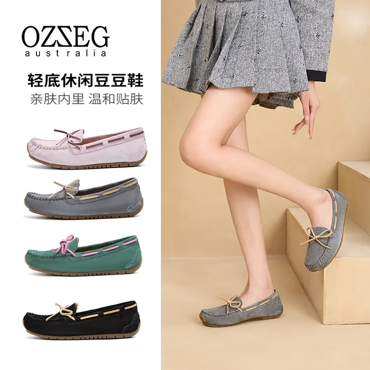 OZZEG2025春夏新款豆豆鞋女蝴蝶结真皮浅口软底一脚蹬孕妇鞋25C31