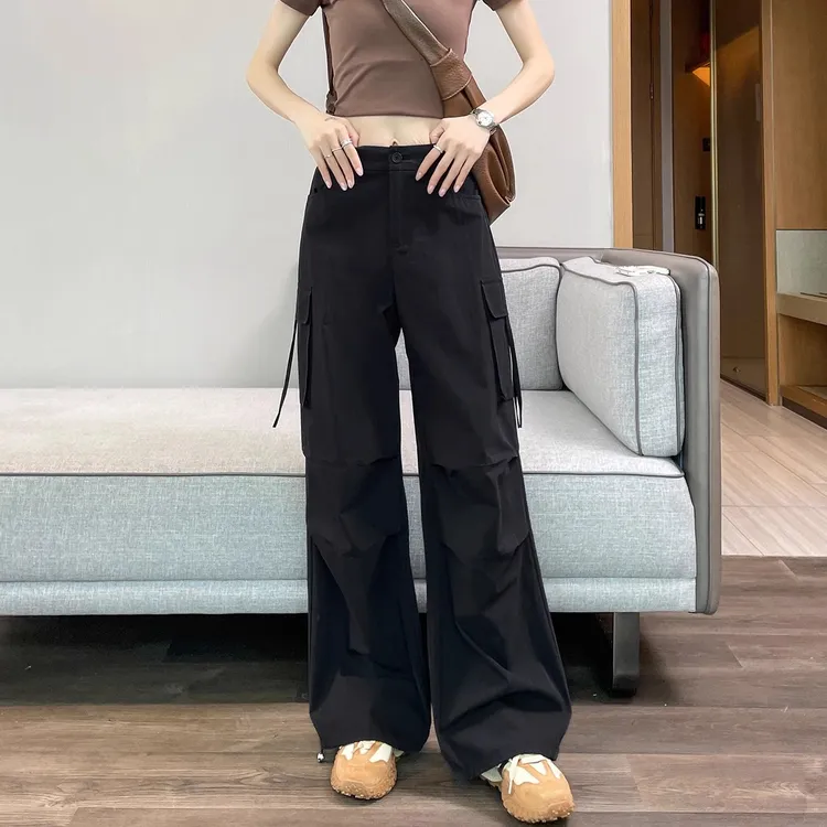 黑色美式速干工装裤女夏薄款2025新款高腰休闲冰丝直筒阔腿运动裤